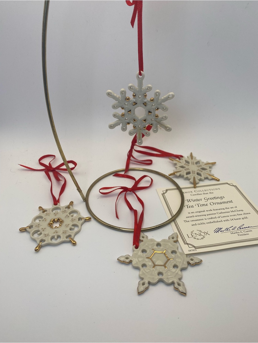 Lenox White and Gold Snowflake Ornament Set with Red Ribbons